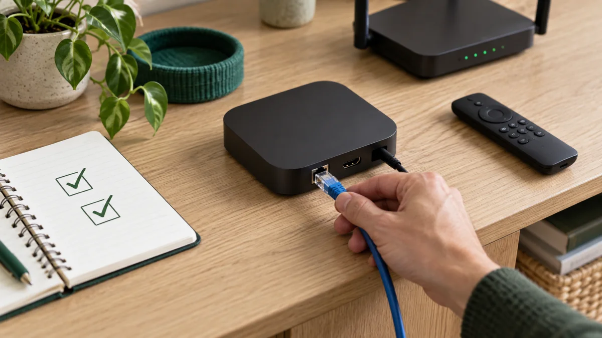 En nätverkskabel ansluts till en TV-box för att jämföra uppspelning med wifi