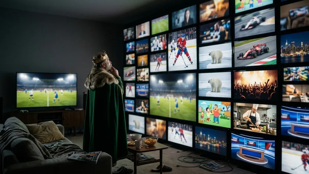 Vägg av tv-skärmar med fotboll, hockey, motorsport, natur och barnkanaler – kanalutbudet i IPTV KING kanallista