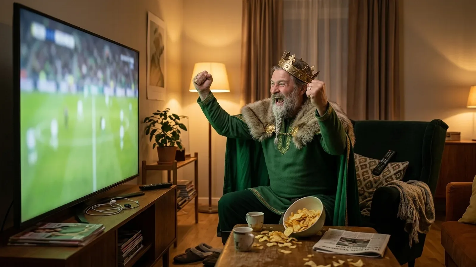 Man i grön kungamantel jublar framför tv:n när han ser fotboll live med IPTV hemma i vardagsrummet