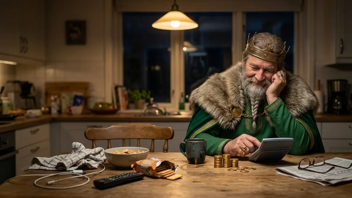 Man räknar med miniräknare och mynt vid köksbordet på vad ett IPTV-abonnemang kostar per månad